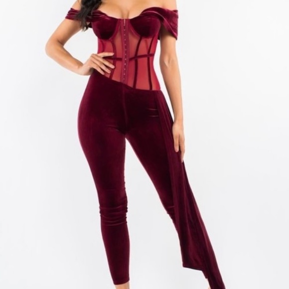 Velvet Burgundy Jumpsuit. Small, Medium, Large - Picture 3 of 4